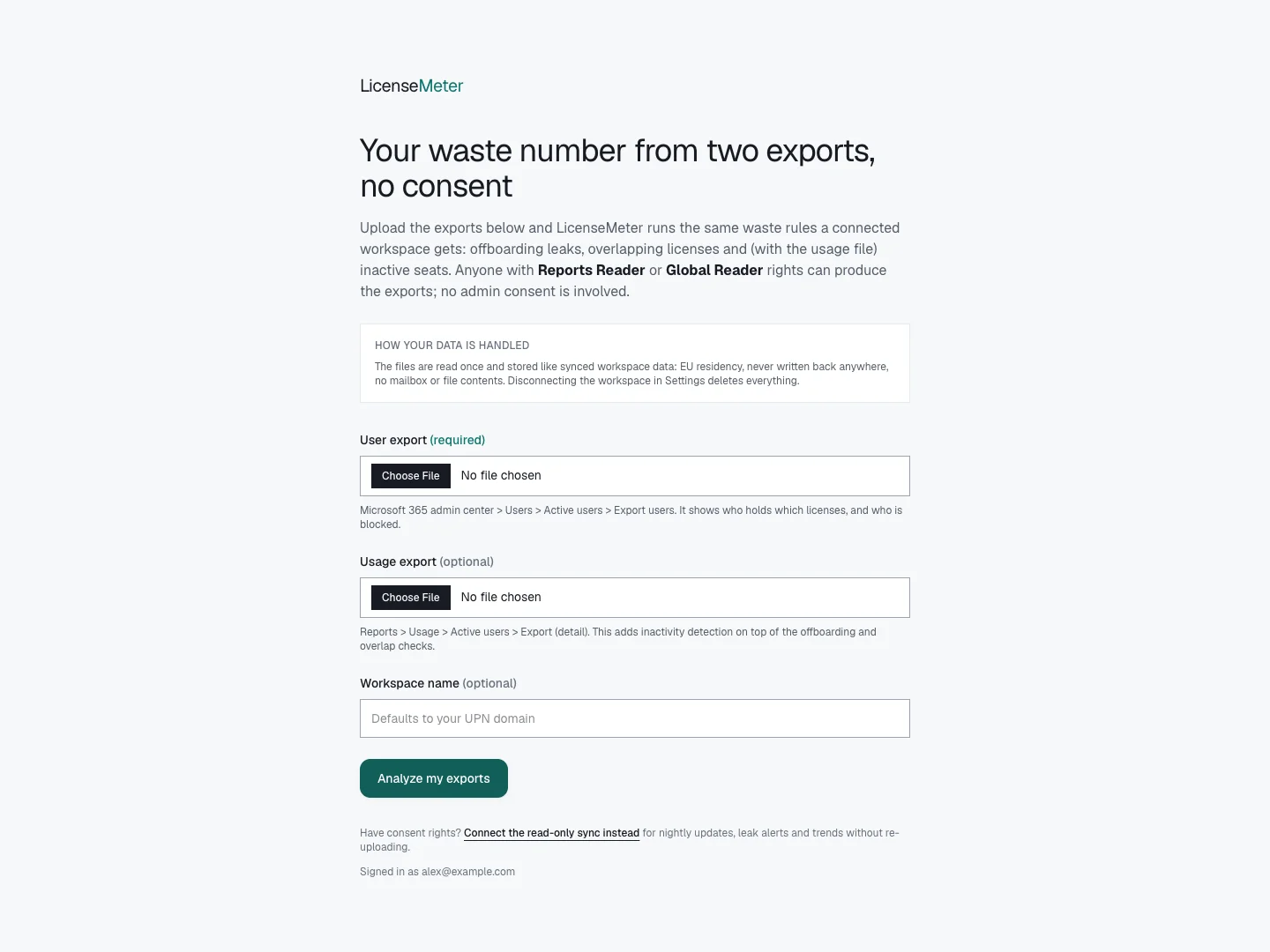 CSV import form with required user export, optional usage export and workspace name