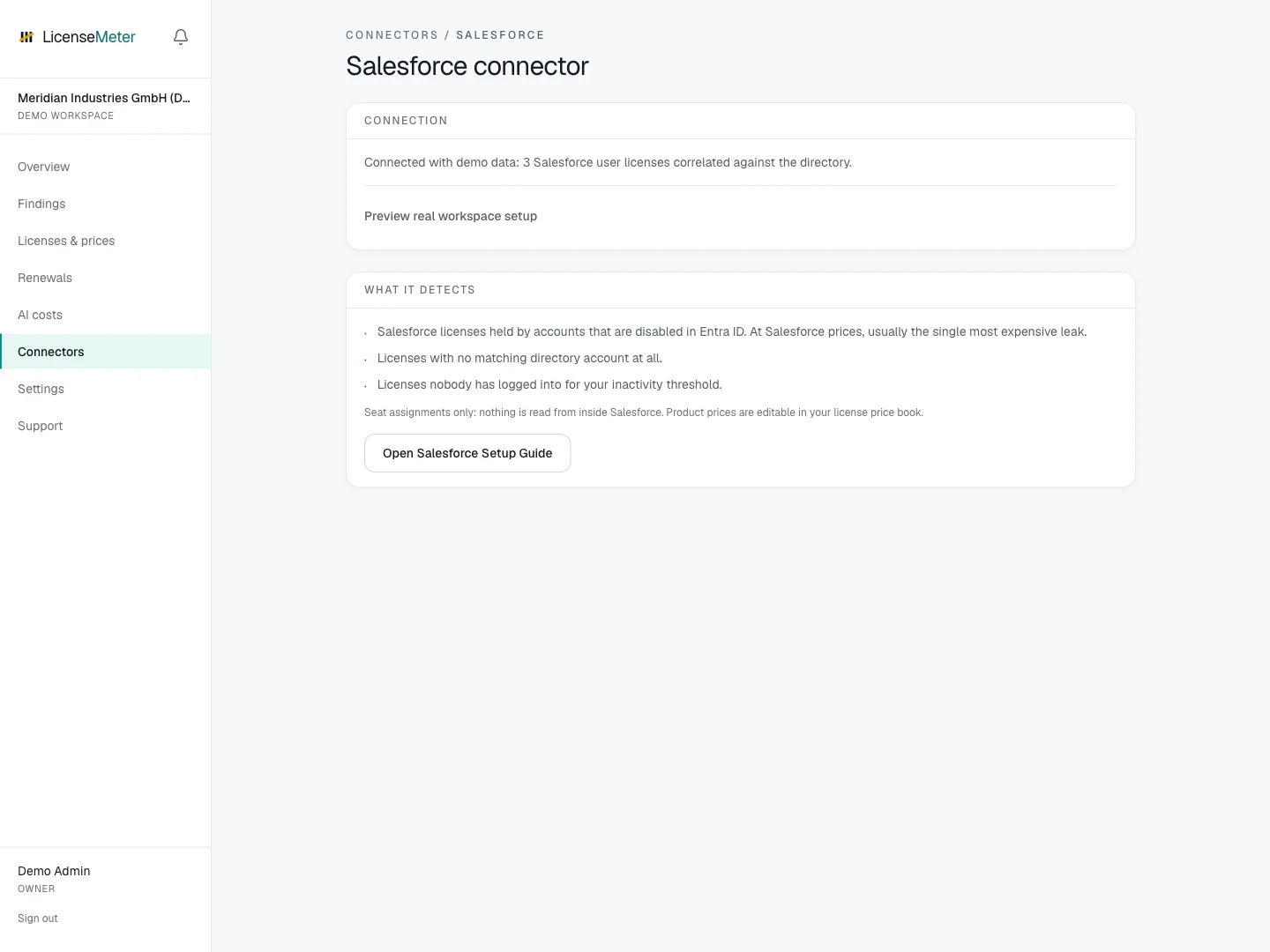 Salesforce connector in the LicenseMeter sample workspace