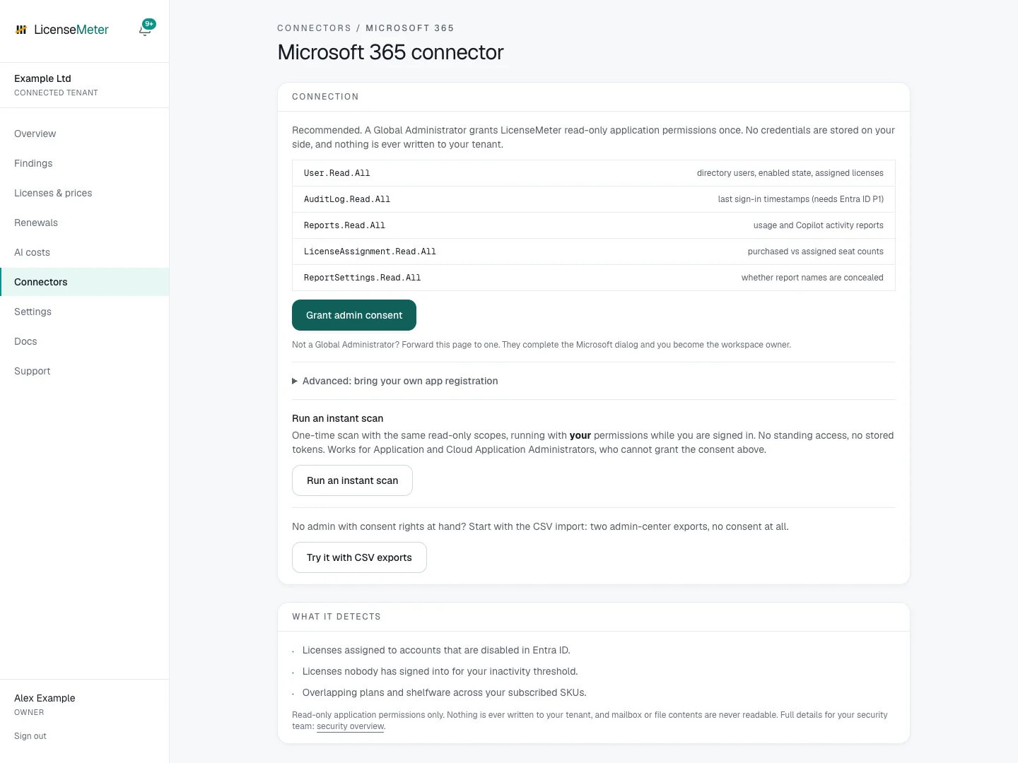 Microsoft connector before connection, showing managed consent, Advanced setup, instant scan and CSV alternatives