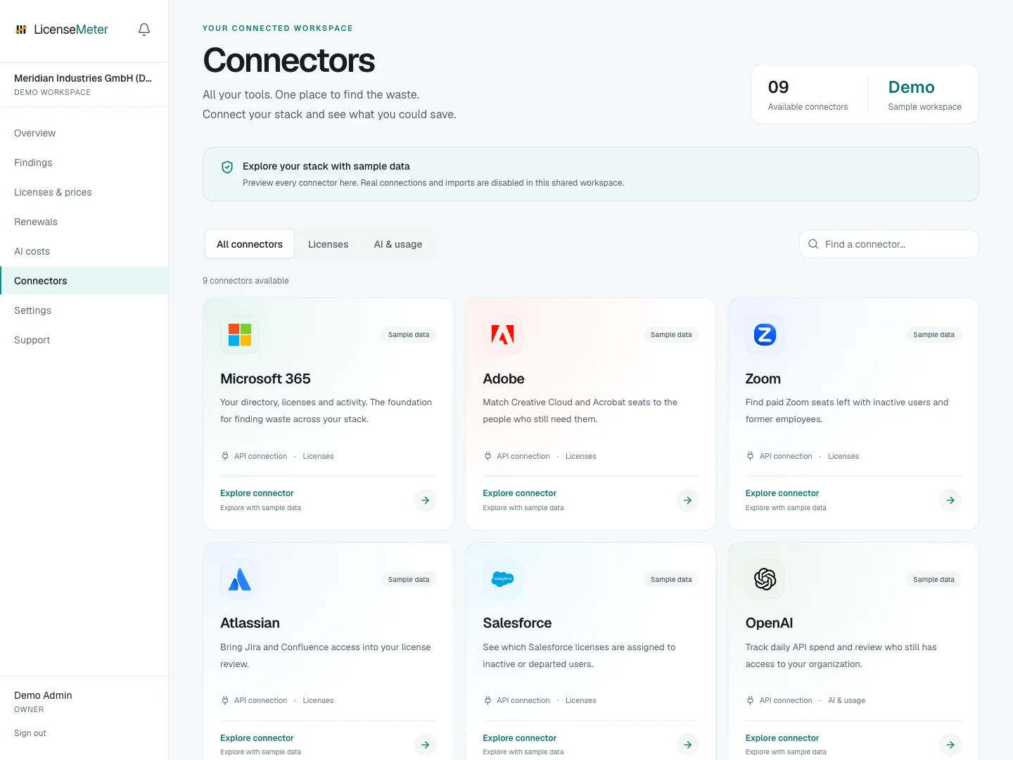 Connector directory showing Microsoft 365, SaaS and AI providers