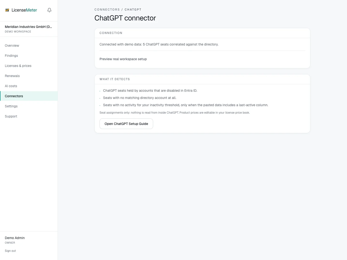ChatGPT connector in the LicenseMeter sample workspace