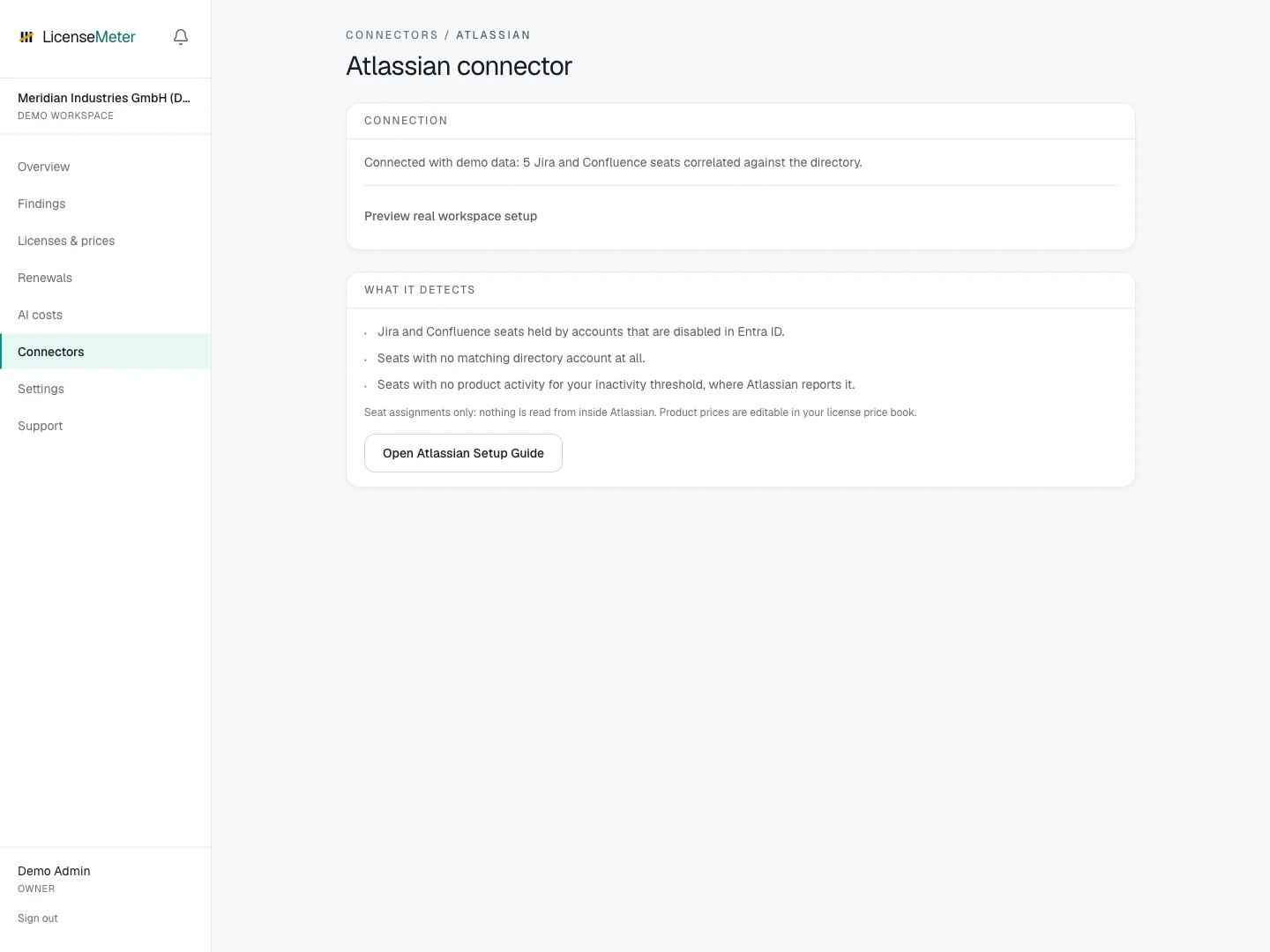 Atlassian connector in the LicenseMeter sample workspace