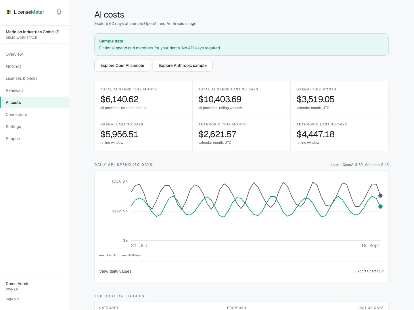 AI costs sample page with monthly totals and daily provider spending
