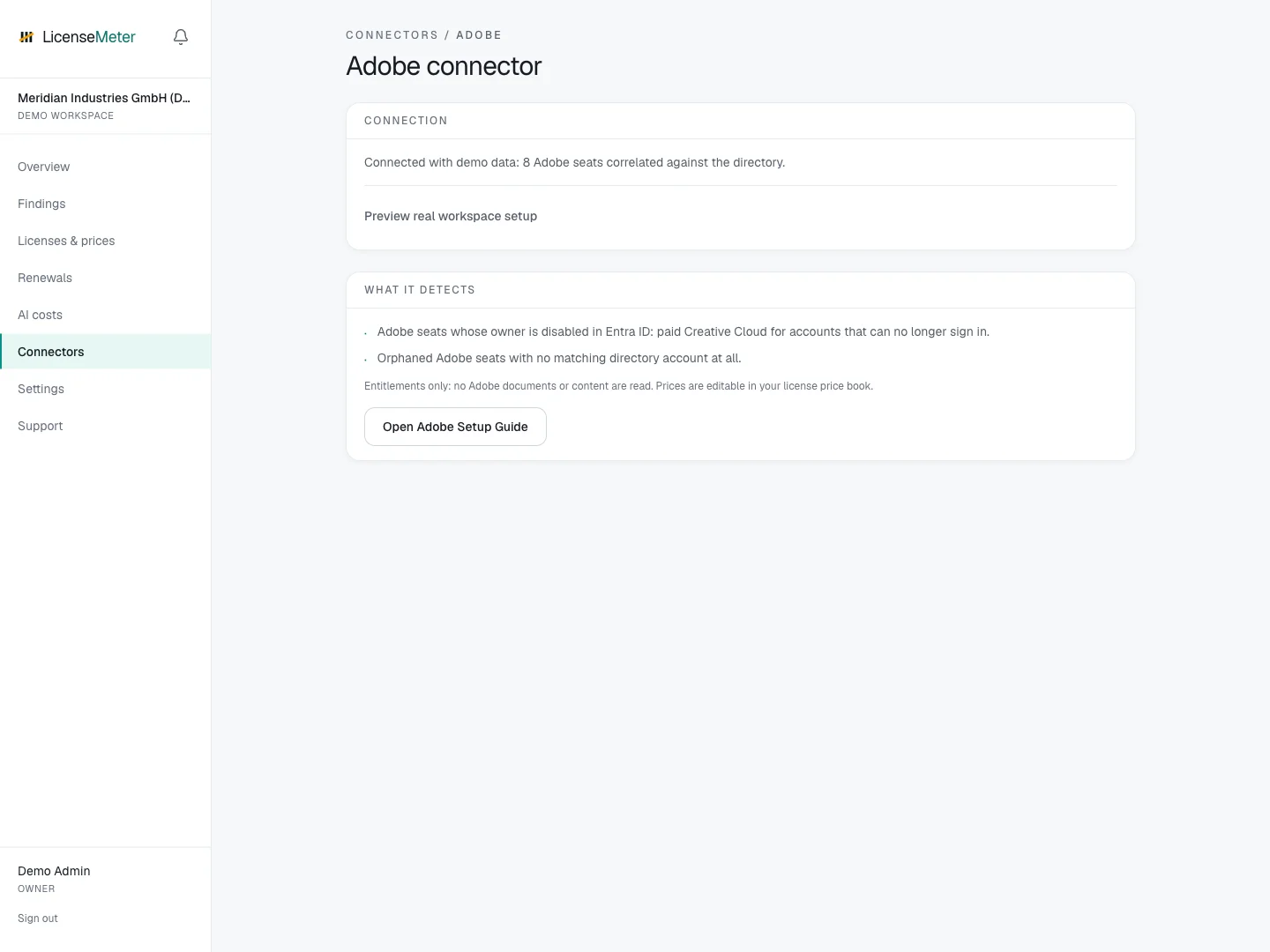 Adobe connector in the LicenseMeter sample workspace