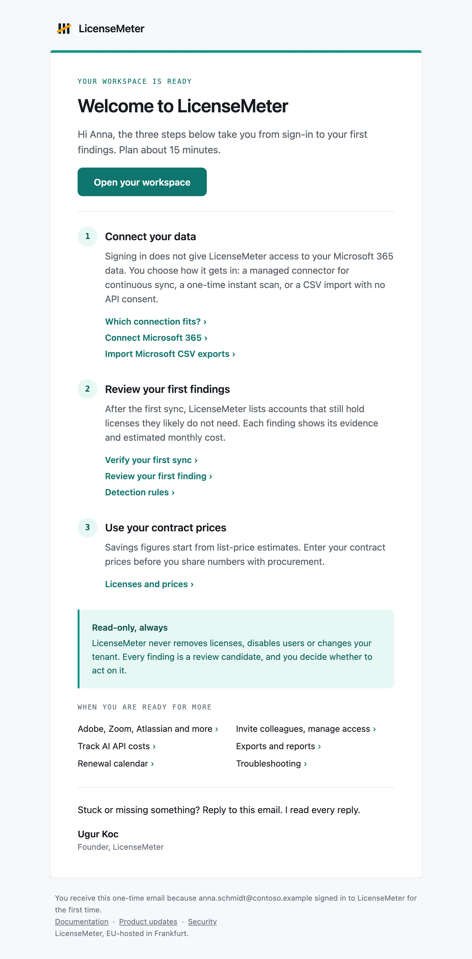 Welcome email with three numbered steps, a read-only note and links to documentation guides