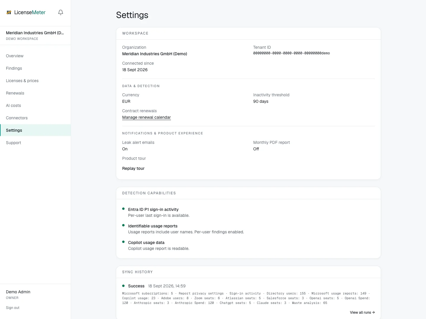 Settings showing workspace information, detection capabilities and sync history