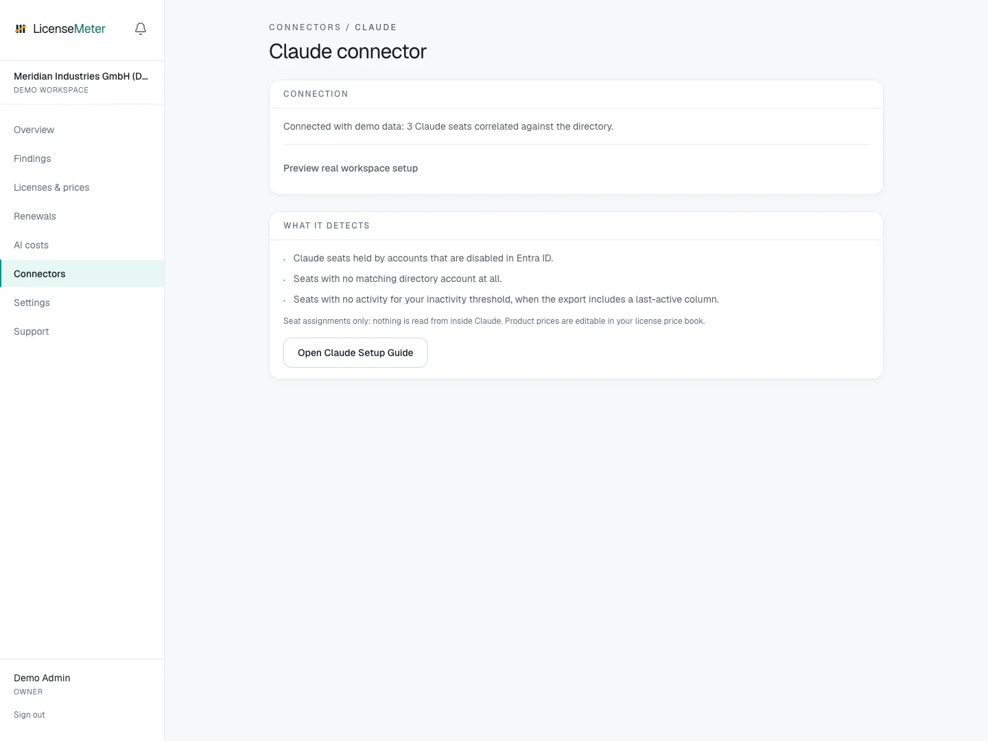 Claude connector in the LicenseMeter sample workspace